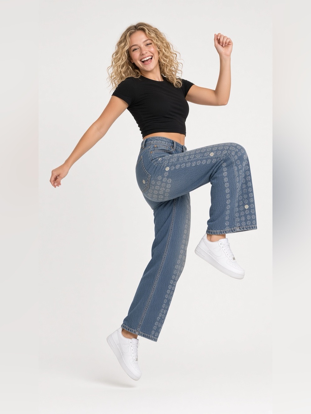 Universal Thread Blue Wide-Leg Jeans with Floral Stripe Print